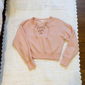 Lace-Up Pink Cropped Sweatshirt